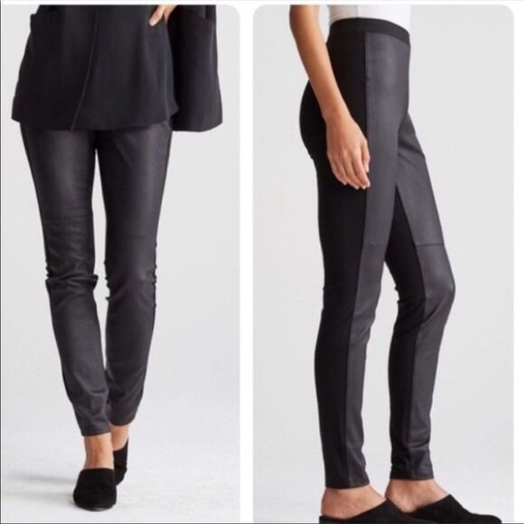 EILEEN FISHERGenuine Leather Panel Ponte Knit Black Pants Women’s Size Small